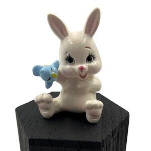 Vtg Enesco Ceramic White Bunny Rabbit & Blue Bird Adorable Kitsch 80's Figurine